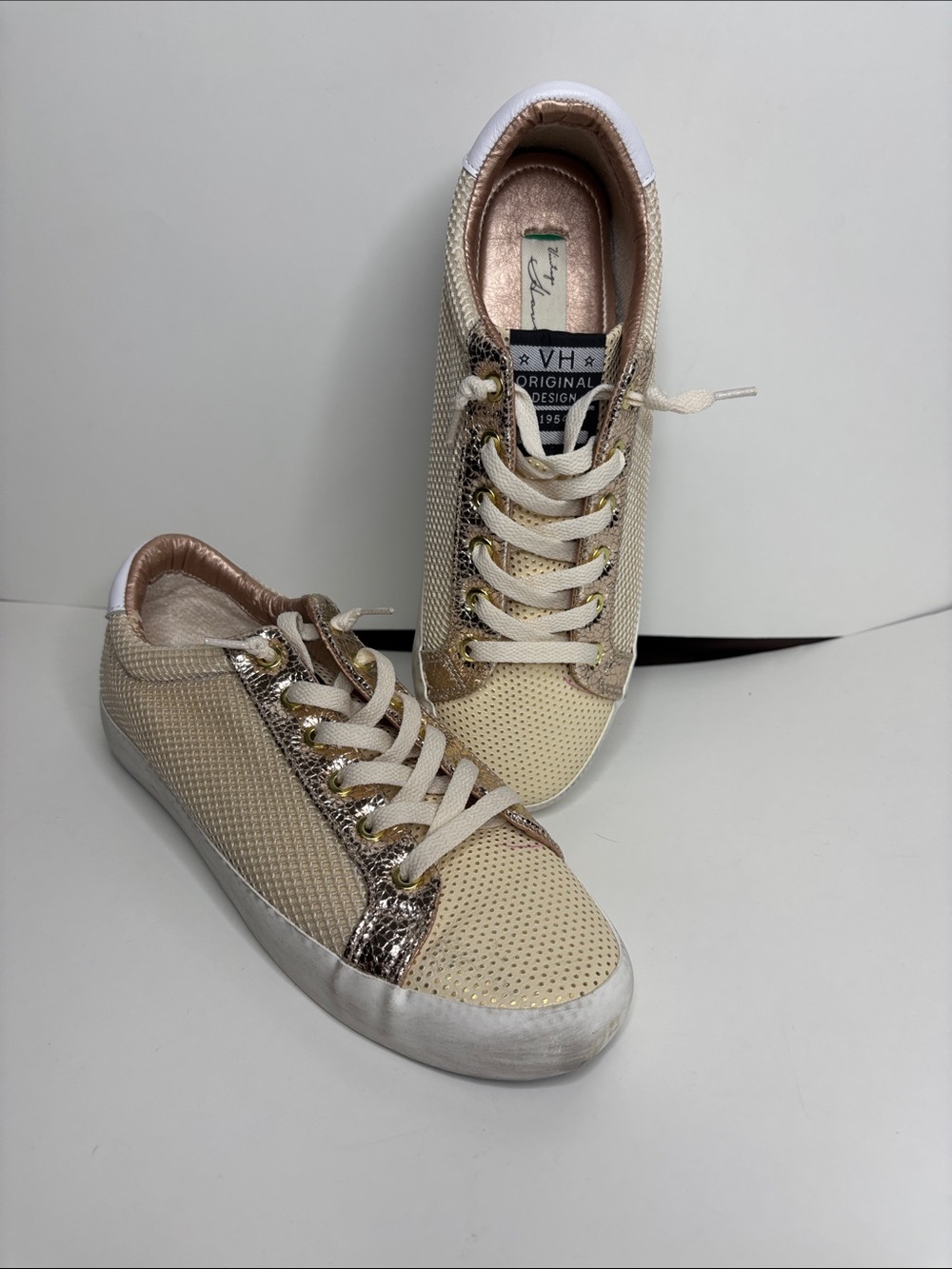 Vintage Havana Beige and Metallic Gold and rose gold lace-Up Sneakers